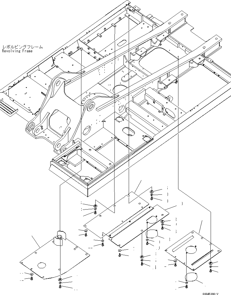 Схема запчастей Komatsu PC300-7E0 - НИЖН. КРЫШКА (ОСНОВНАЯ РАМА) (ПРАВ. ДЕКА И ЦЕНТР. COVER) (УСИЛ.) (С ТОПЛИВН. REFILL НАСОС)(№-87) ЧАСТИ КОРПУСА