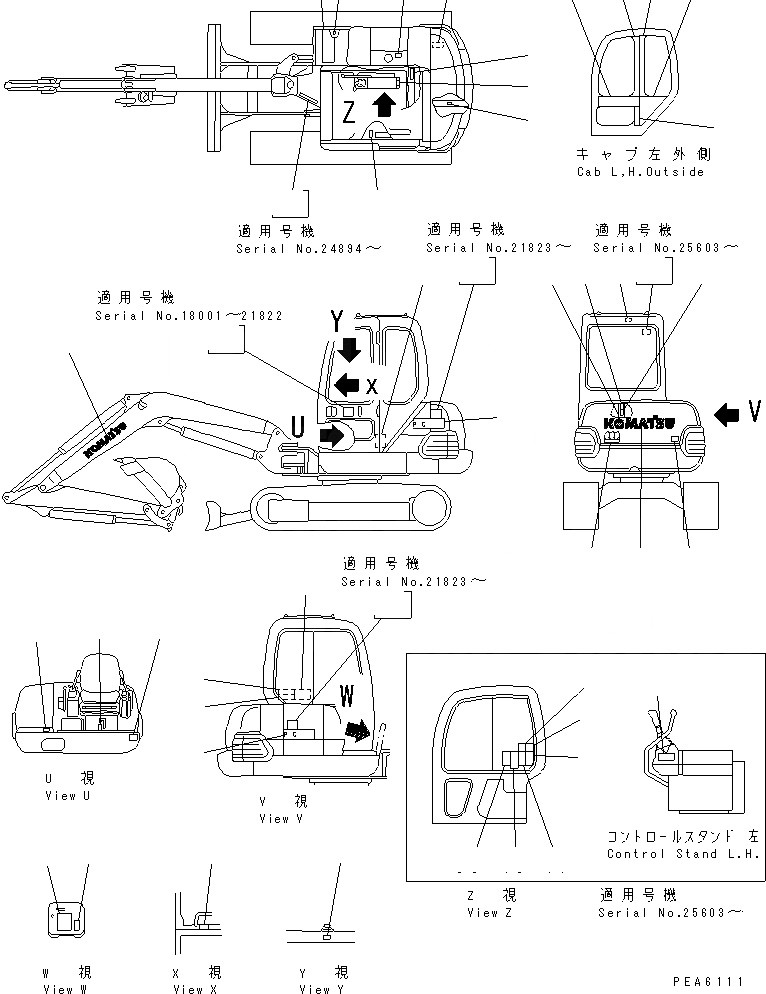 Схема запчастей Komatsu PC40-7 - МАРКИРОВКА (ЯПОН.) (ДЛЯ КАБИНЫ) (KOMATSU PATTERN      №8-98¤ 9-9) МАРКИРОВКА