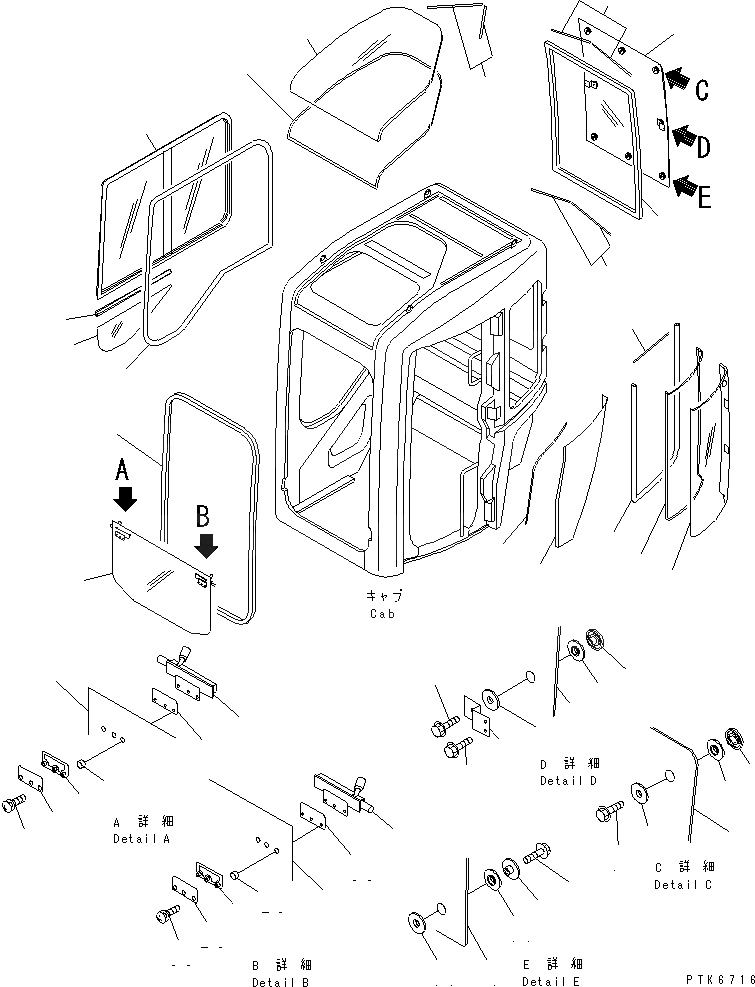 Схема запчастей Komatsu PC40MR-1 - КАБИНА (/) (ОКНА) (TOPS КАБИНА) КАБИНА ОПЕРАТОРА И СИСТЕМА УПРАВЛЕНИЯ