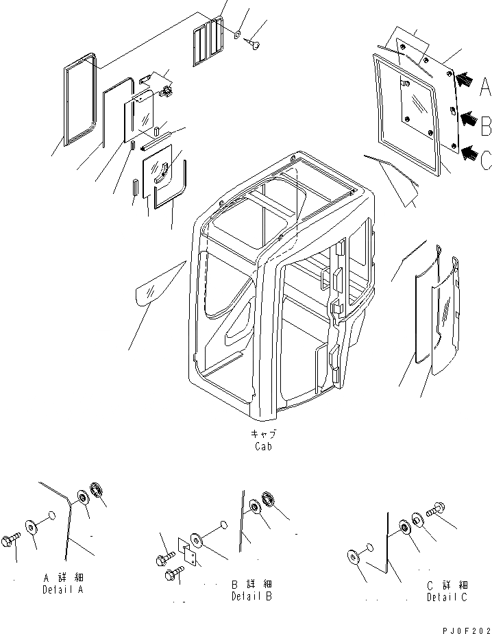 Схема запчастей Komatsu PC58UU-3 - КАБИНА (ОКНА) (ЗАДН.¤  И РАМА) КАБИНА ОПЕРАТОРА И СИСТЕМА УПРАВЛЕНИЯ