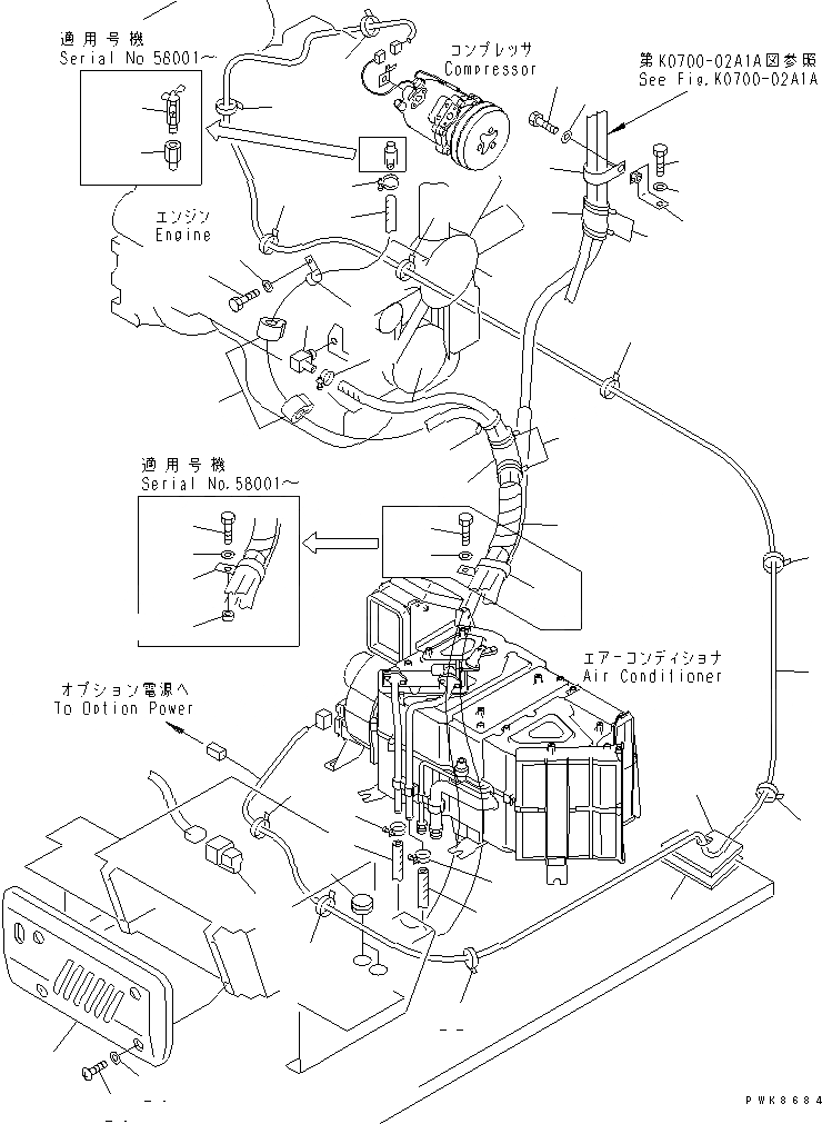 Схема запчастей Komatsu PC60-7-B - КОНДИЦ. ВОЗДУХА (ШЛАНГИ ОБОГРЕВАТЕЛЯ)(№-) КАБИНА ОПЕРАТОРА И СИСТЕМА УПРАВЛЕНИЯ