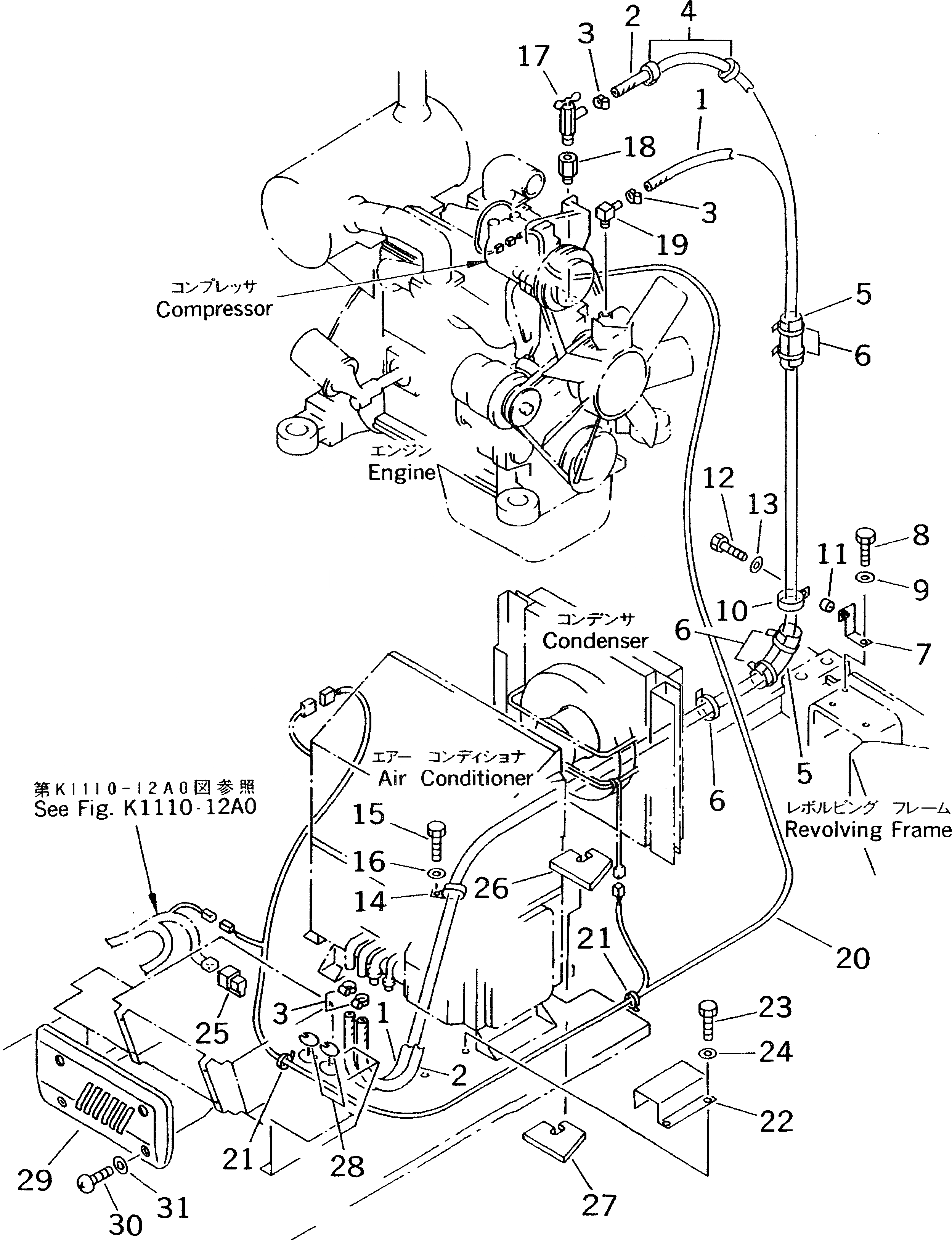 Схема запчастей Komatsu PC60-7E-B - КОНДИЦ. ВОЗДУХА (ШЛАНГИ ОБОГРЕВАТЕЛЯ)(№-7) КАБИНА ОПЕРАТОРА И СИСТЕМА УПРАВЛЕНИЯ