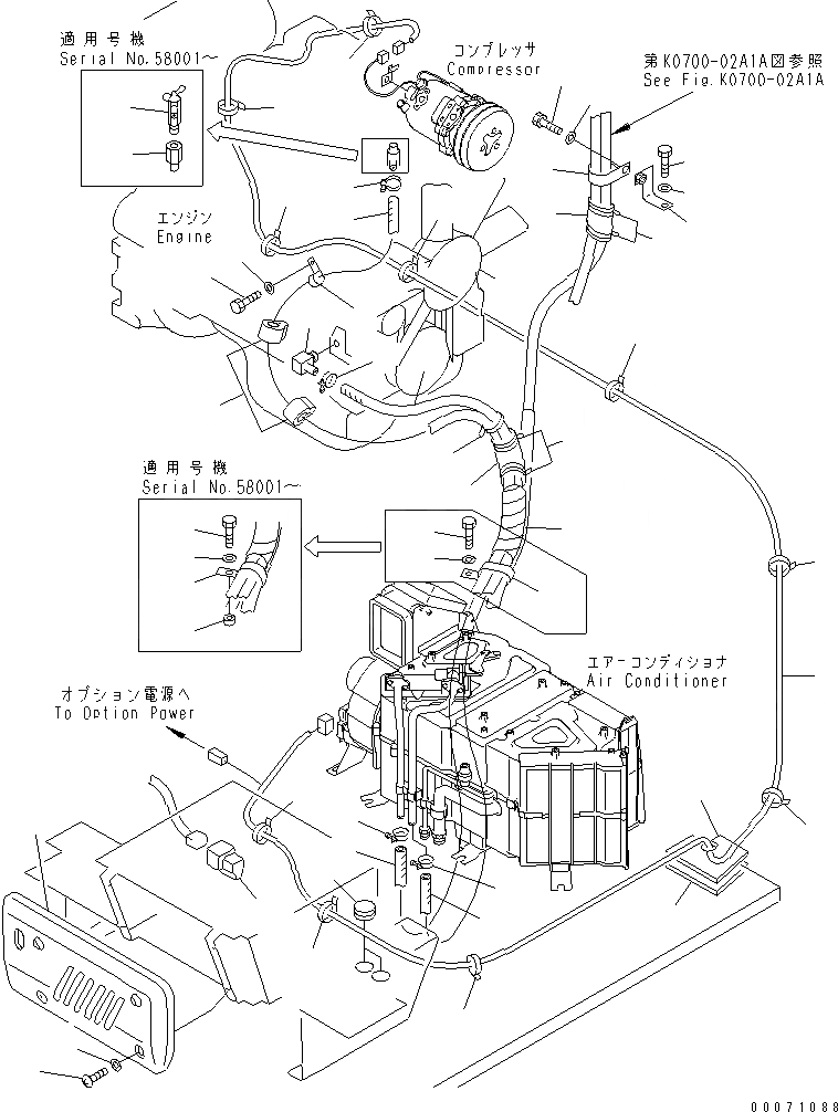 Схема запчастей Komatsu PC60-7 - КОНДИЦ. ВОЗДУХА (ШЛАНГИ ОБОГРЕВАТЕЛЯ)(№-) КАБИНА ОПЕРАТОРА И СИСТЕМА УПРАВЛЕНИЯ