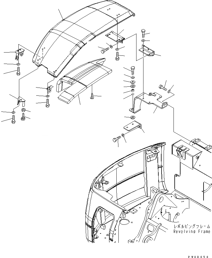 Схема запчастей Komatsu PC78MR-6 - ПЕРЕДН. КРЫШКА(БАК COVER) (YELНИЗ.) (/) (ЕС НОВ. NOISE ПОНИЖАЮЩ. ARRANGEMENT )(№8-) ЧАСТИ КОРПУСА