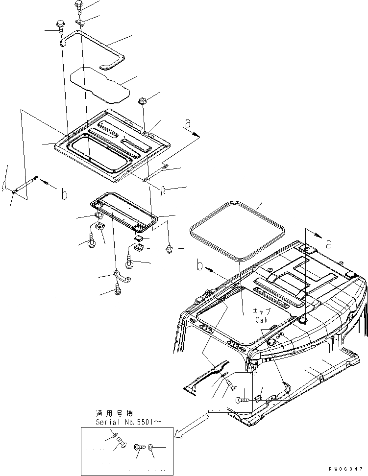 Схема запчастей Komatsu PC78US-6 - КАБИНА (ОКНО В КРЫШЕ) КАБИНА ОПЕРАТОРА И СИСТЕМА УПРАВЛЕНИЯ