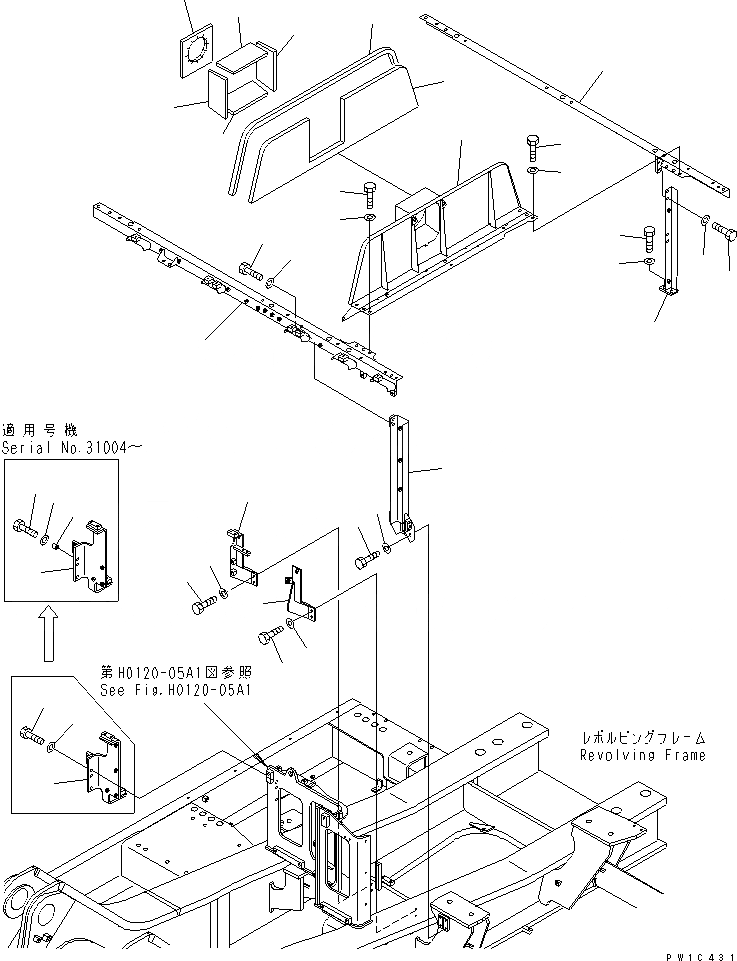 Схема запчастей Komatsu PC800-6 - РАМА (ОТСЕК ДВИГАТЕЛЯ) (КАБИНА)(№-) ЧАСТИ КОРПУСА