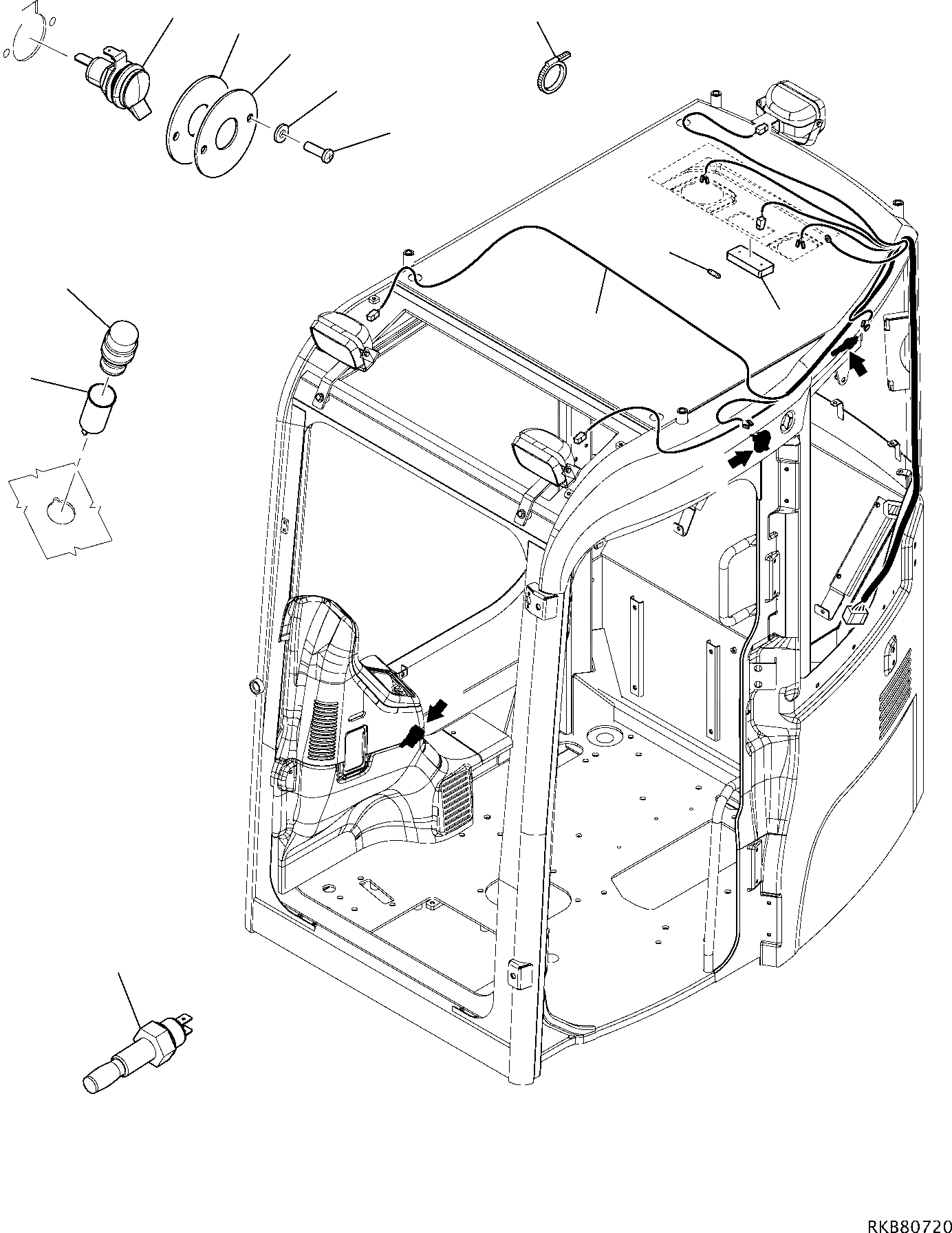 Схема запчастей Komatsu PC80MR-3 - ЭЛЕКТРИКА (КАБИНА) (/) КОМПОНЕНТЫ ДВИГАТЕЛЯ И ЭЛЕКТРИКА