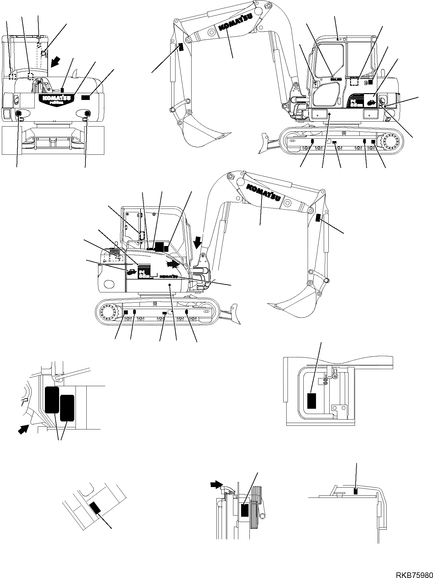 Схема запчастей Komatsu PC88MR-6 - МАРКИРОВКА (С 2-СЕКЦИОНН. СТРЕЛА) (/) МАРКИРОВКА