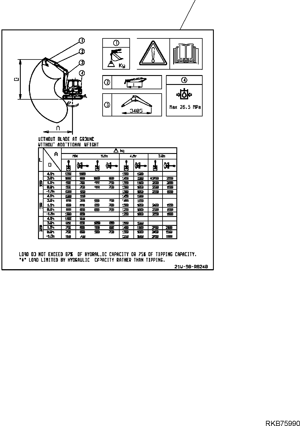 Схема запчастей Komatsu PC88MR-6 - ПОГРУЗ. CHART (С MONO СТРЕЛА БЕЗ ПРОТИВОВЕС ОПЦ.AL) МАРКИРОВКА