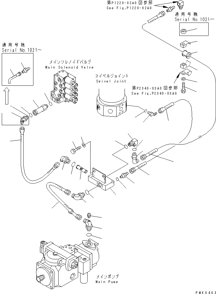 Схема запчастей Komatsu PW128UU-1 - P.P.C. ОСНОВН. ЛИНИЯ¤ НИЖН.(№-) НИЖНЯЯ ГИДРОЛИНИЯ И ЛИНИЯ ХОДА