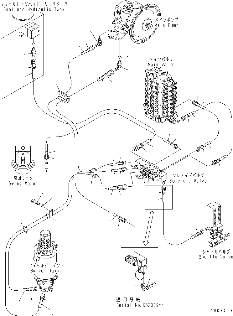 Схема запчастей Komatsu PW170ES-6K - РАСПРЕДЕЛИТ. КЛАПАН ЛИНИЯ (СОЛЕНОИДНЫЙ КЛАПАН ТРУБЫ)(№K-) H ГИДРАВЛИКА