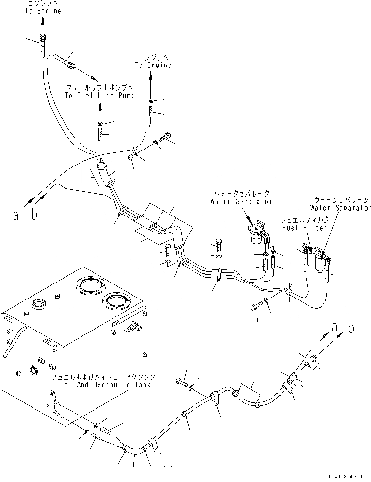 Схема запчастей Komatsu PW170ES-6K-KA - ТОПЛИВНАЯ ЛИНИЯ (ТРУБЫ) (С ВОДООТДЕЛИТЕЛЕМ) (KA СПЕЦ-Я.)(№K-) ТОПЛИВН. БАК. AND КОМПОНЕНТЫ