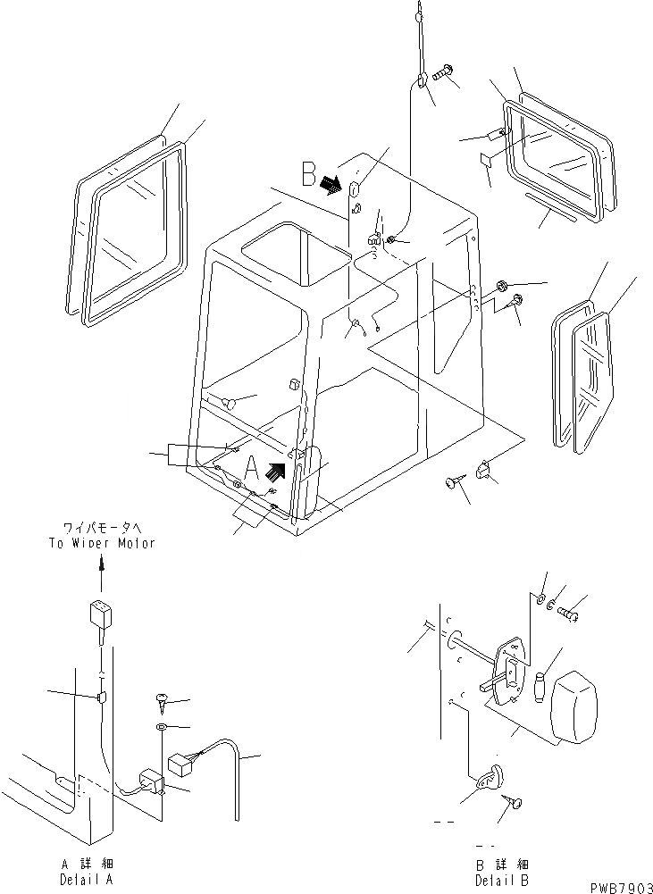 Схема запчастей Komatsu PW200-1 - КАБИНА (/7) ( И ЗАДН. ОКНА)(№-) КАБИНА ОПЕРАТОРА И СИСТЕМА УПРАВЛЕНИЯ