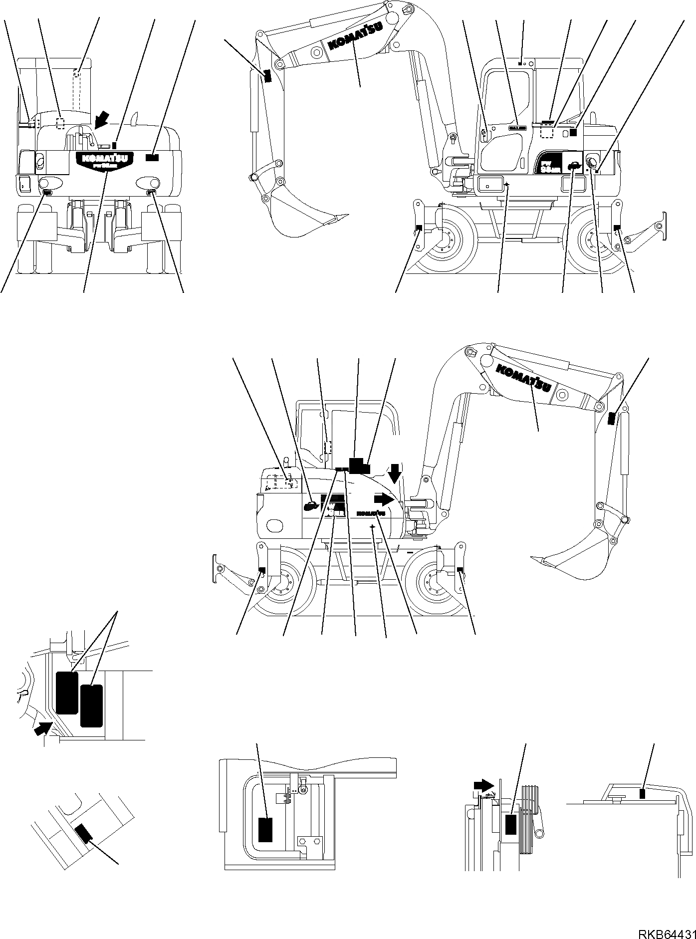 Схема запчастей Komatsu PW98MR-6 - МАРКИРОВКА (С 2-СЕКЦИОНН. СТРЕЛА) (/) МАРКИРОВКА