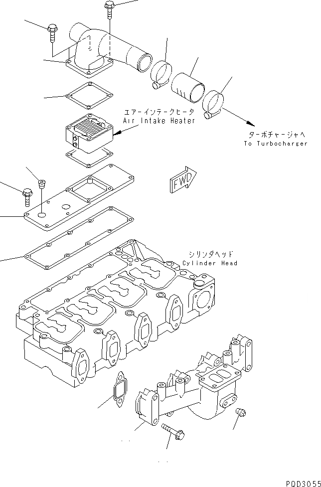 Схема запчастей Komatsu S4D102E-1G - ВЫПУСКНОЙ КОЛЛЕКТОР И ВОЗД. СОЕДИН-Е(№77-) ДВИГАТЕЛЬ