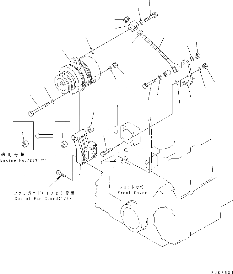 Схема запчастей Komatsu S6D125E-2A-6 - ALTERNATER КРЕПЛЕНИЕ (A) (С НЕ ЗАКАЛЕНН. ШКИВ)(№-) ДВИГАТЕЛЬ