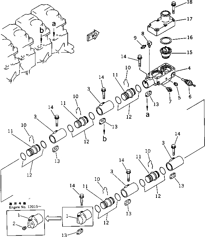 Схема запчастей Komatsu S6D125-1E - ВОДЯНОЙ КОЛЛЕКТОР И ТЕРМОСТАТ(№-7) ГОЛОВКА ЦИЛИНДРОВ