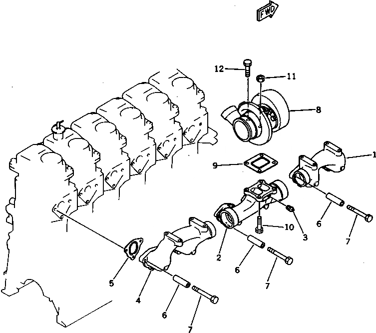 Схема запчастей Komatsu S6D125-1S - ВЫПУСКНОЙ КОЛЛЕКТОР И ТУРБОНАГНЕТАТЕЛЬ(№89-) ГОЛОВКА ЦИЛИНДРОВ