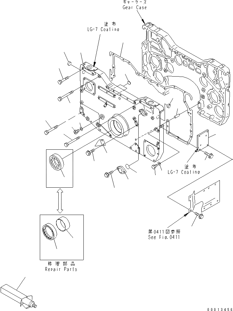 Схема запчастей Komatsu SA12V140-1C-A - ПЕРЕДН. КРЫШКА(ДЛЯ ЭЛЕКТРИЧ. РЕГУЛЯТОРА)(№-) ДВИГАТЕЛЬ