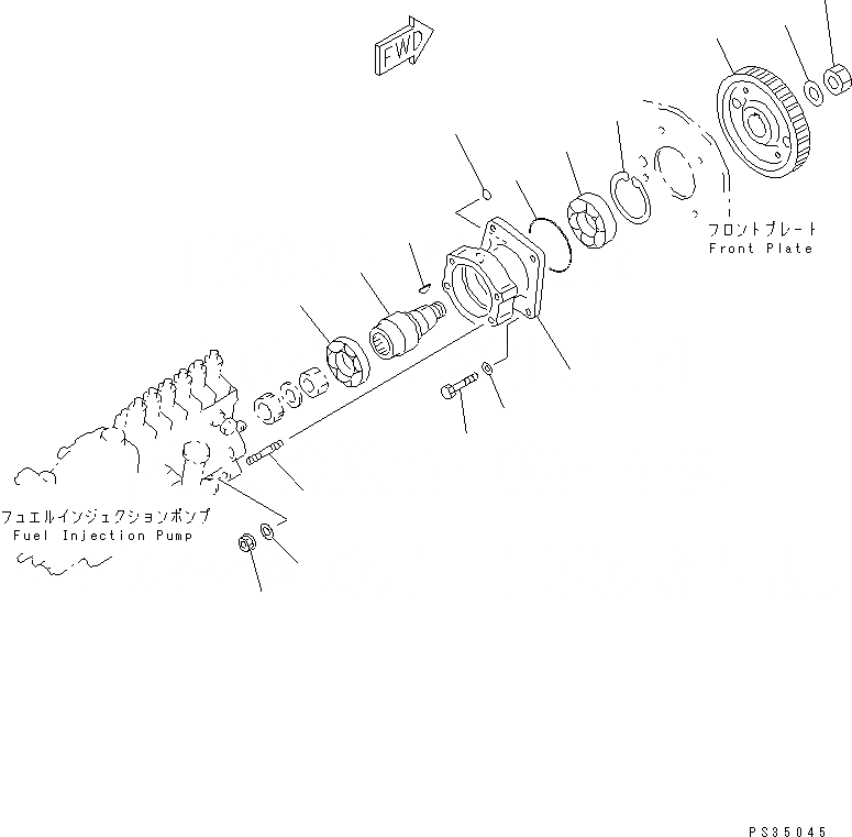 Схема запчастей Komatsu SAA6D108E-2A-C - ПРИВОД ТОПЛ. НАСОСА (ДЛЯ МЕХАНИЧ. РЕГУЛИР.) ДВИГАТЕЛЬ