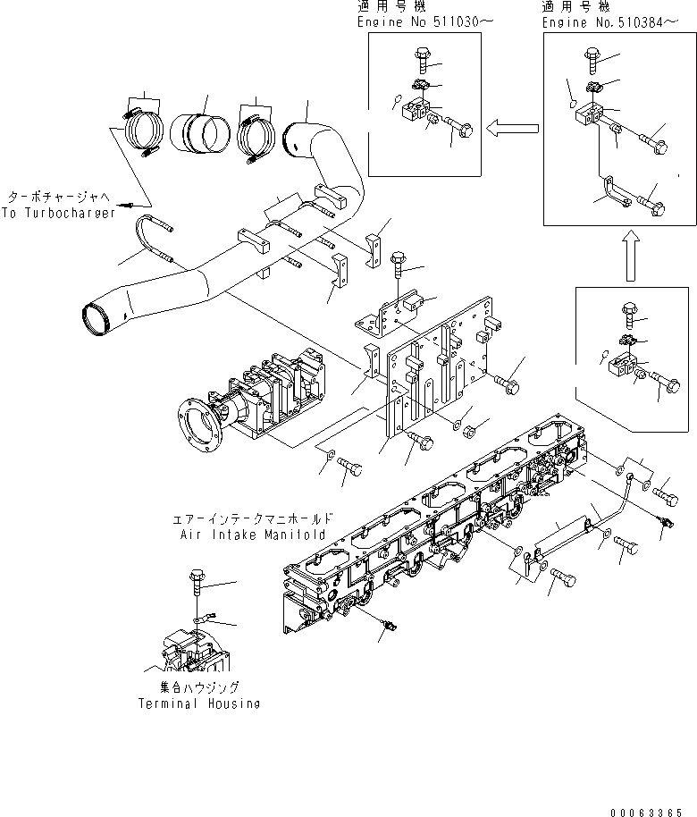 Схема запчастей Komatsu SAA6D170E-5A-01 - ВОЗДУХОВОД И СЛИВН. ТРУБКА ДВИГАТЕЛЬ