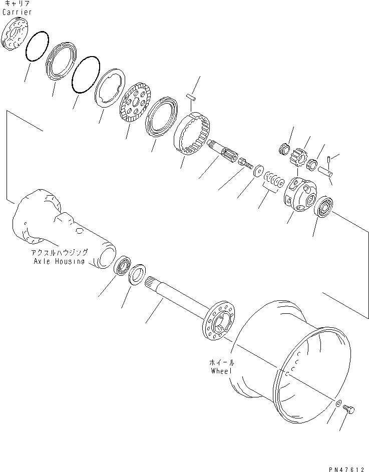 Схема запчастей Komatsu WA100-3A-S - ЗАДНИЕ ТОРМОЗА И ЗАДН. КОНЕЧНАЯ ПЕРЕДАЧА(№-) ВЕДУЩ. ВАЛ¤ ДИФФЕРЕНЦ. И КОЛЕСА