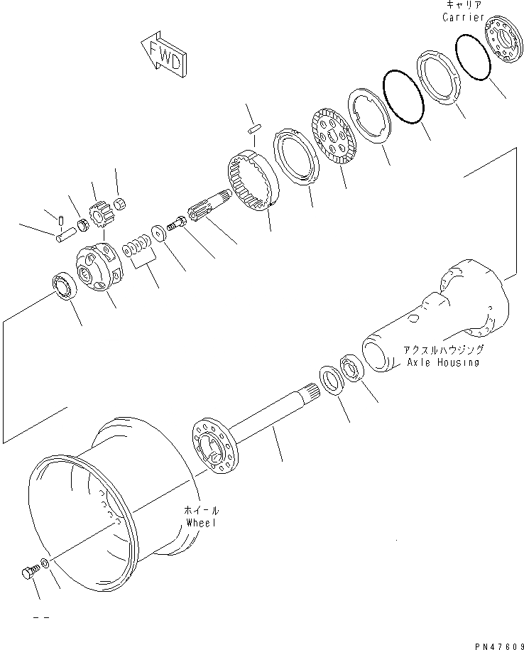 Схема запчастей Komatsu WA120-3 - ПЕРЕДНИЕ ТОРМОЗА И ПЕРЕДН. КОНЕЧНАЯ ПЕРЕДАЧА(№-) ВЕДУЩ. ВАЛ¤ ДИФФЕРЕНЦ. И КОЛЕСА
