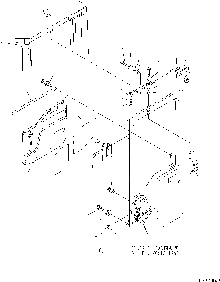 Схема запчастей Komatsu WA1200-3 - КАБИНА (ЛЕВ. ДВЕРЬ В СБОРЕ¤ /) (ДВЕРЬ ФИКСАТОР ОТКРЫТИЯ¤ ПОДУШКА И  РУЧКА) КАБИНА ОПЕРАТОРА И СИСТЕМА УПРАВЛЕНИЯ