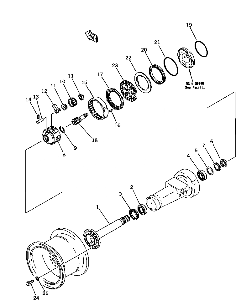 Схема запчастей Komatsu WA320-1 - ПЕРЕДНИЕ ТОРМОЗА И КОНЕЧНАЯ ПЕРЕДАЧА ВЕДУЩ. ВАЛ¤ ДИФФЕРЕНЦ. И КОЛЕСА