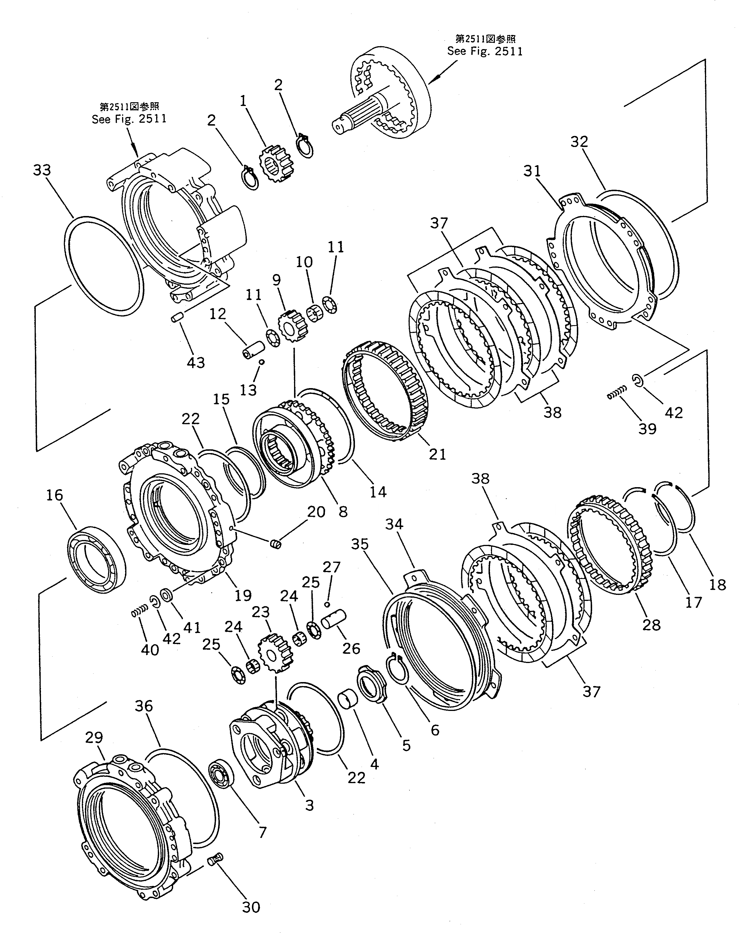 Схема запчастей Komatsu WA400-1 - ТРАНСМИССИЯ (ПЕРЕД. И 4 МУФТА) ГИДРОТРАНСФОРМАТОР И ТРАНСМИССИЯ