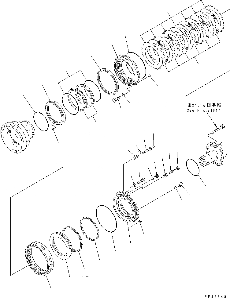 Схема запчастей Komatsu WA500-1 - ЗАДНИЕ ТОРМОЗА(№-) ВЕДУЩ. ВАЛ¤ ДИФФЕРЕНЦ. И КОЛЕСА