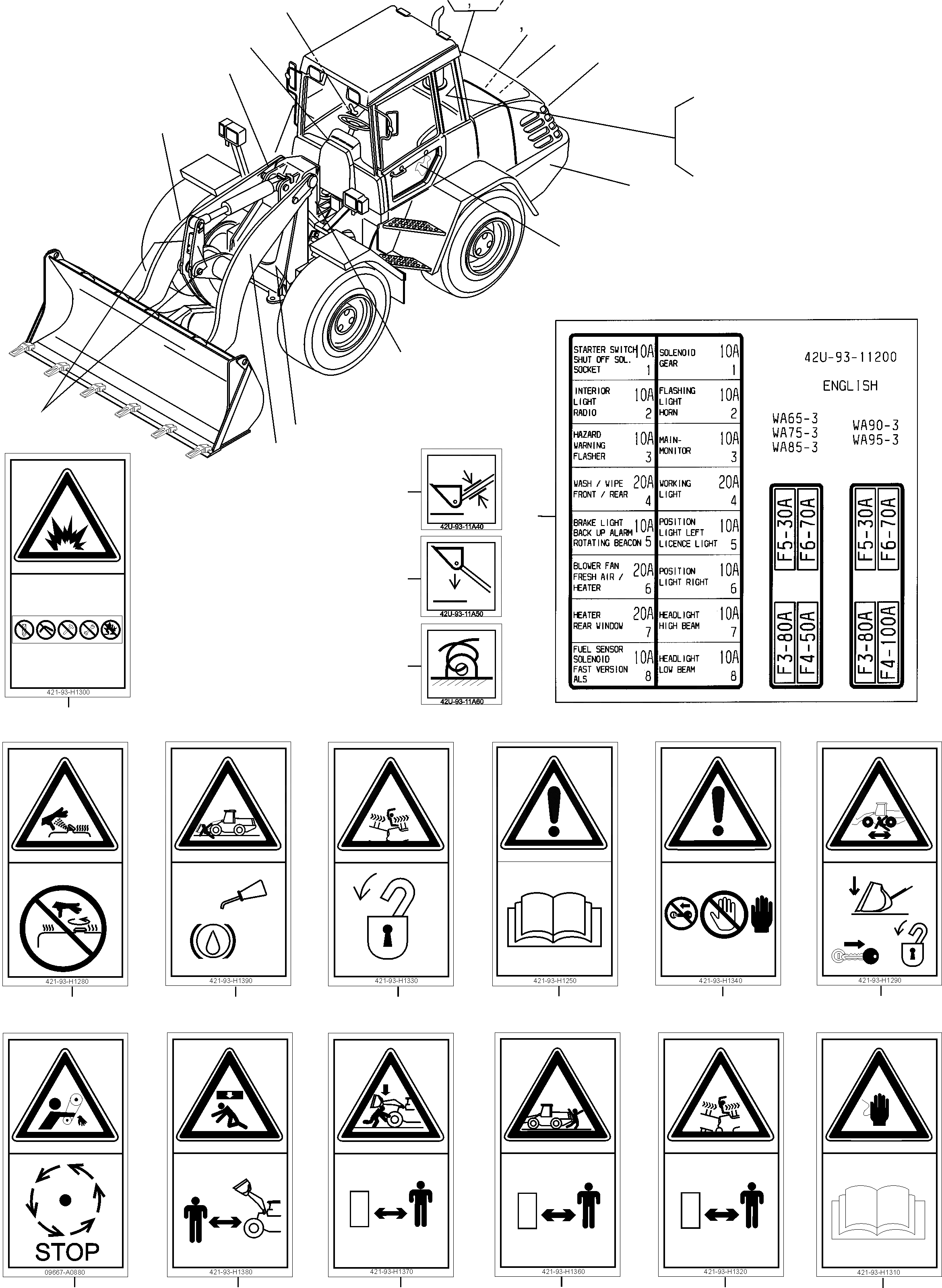 Схема запчастей Komatsu WA65PT-3 - ТАБЛИЧКИS, АНГЛ. ИНСТРУМЕНТ, АКСЕССУАРЫ, БУКВЕНН.