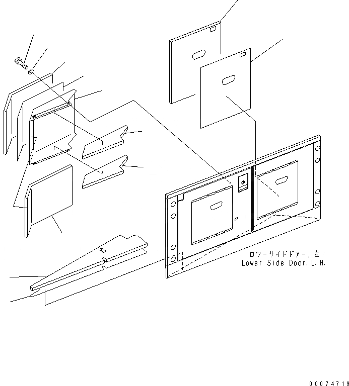 Схема запчастей Komatsu WA700-3 - КАПОТ (НИЖН.  ДВЕРЬ ЛЕВ.) (ЩИТКИ) (СПЕЦ-Я TBG)(№7-) ЧАСТИ КОРПУСА