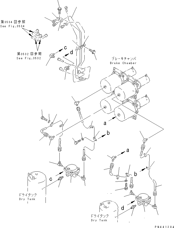Схема запчастей Komatsu WA900-1 - ВОЗДУХОВОД (КЛАПАН ПЕДАЛИ - КАМЕРА /) ВЕДУЩ. ВАЛ¤ ДИФФЕРЕНЦ. И КОЛЕСА