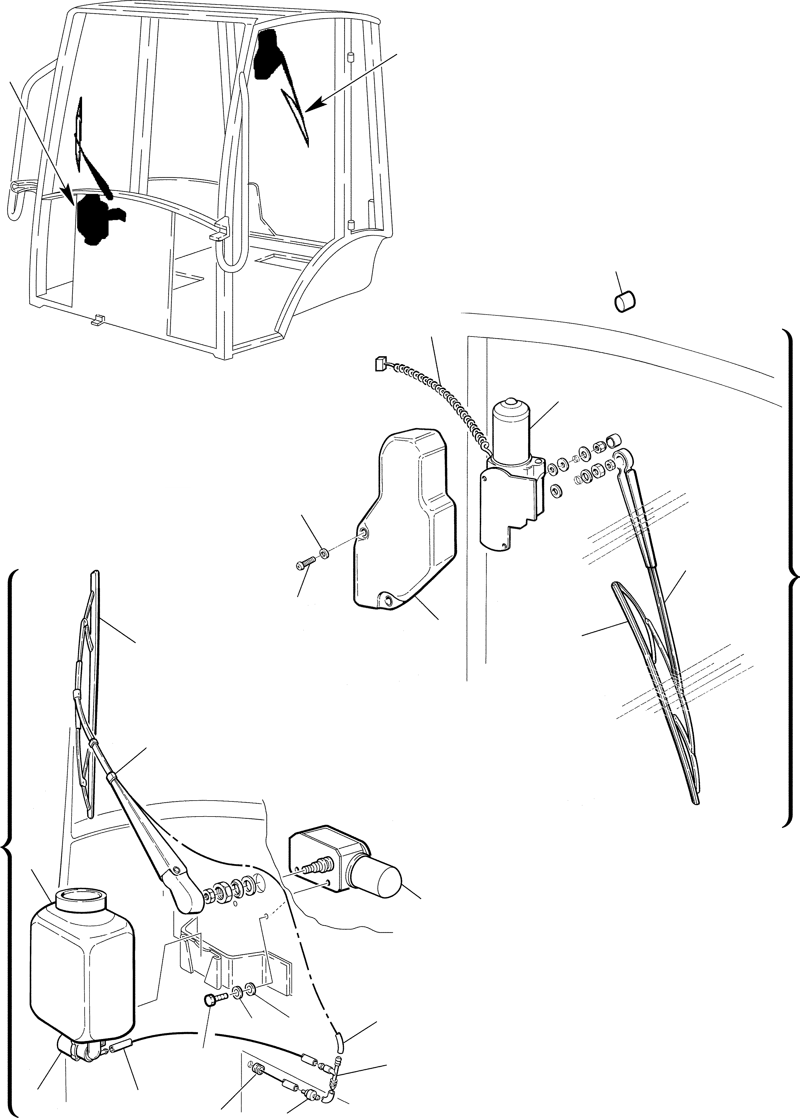 Схема запчастей Komatsu WB97S-2 - КАБИНА - ДВОРНИКИ (/) ЧАСТИ КОРПУСА И КАБИНА