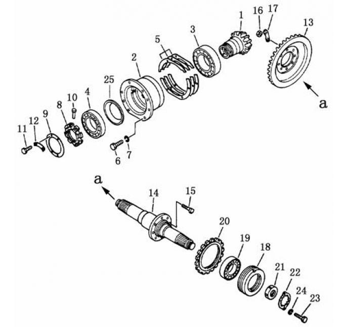 Схема запчастей Shantui SD13-130 - коническое зубчатое колесо и поперечный вал коробка рулевого механизма и конечная передача