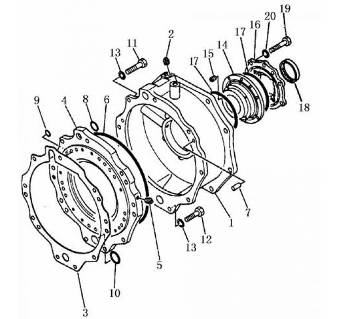 Схема запчастей Shantui SD13-130 - задний корпус трансмиссии гидротрансформатор, трансмиссия и трубопровод