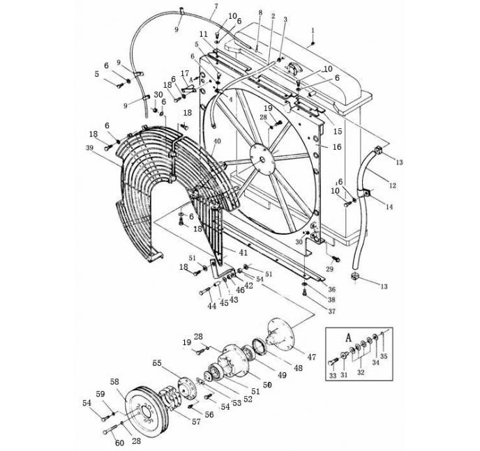 Схема запчастей Shantui SD22-220 - трубопровод радиатора и защитный корпус вентилятора сопутствующие детали двигателя