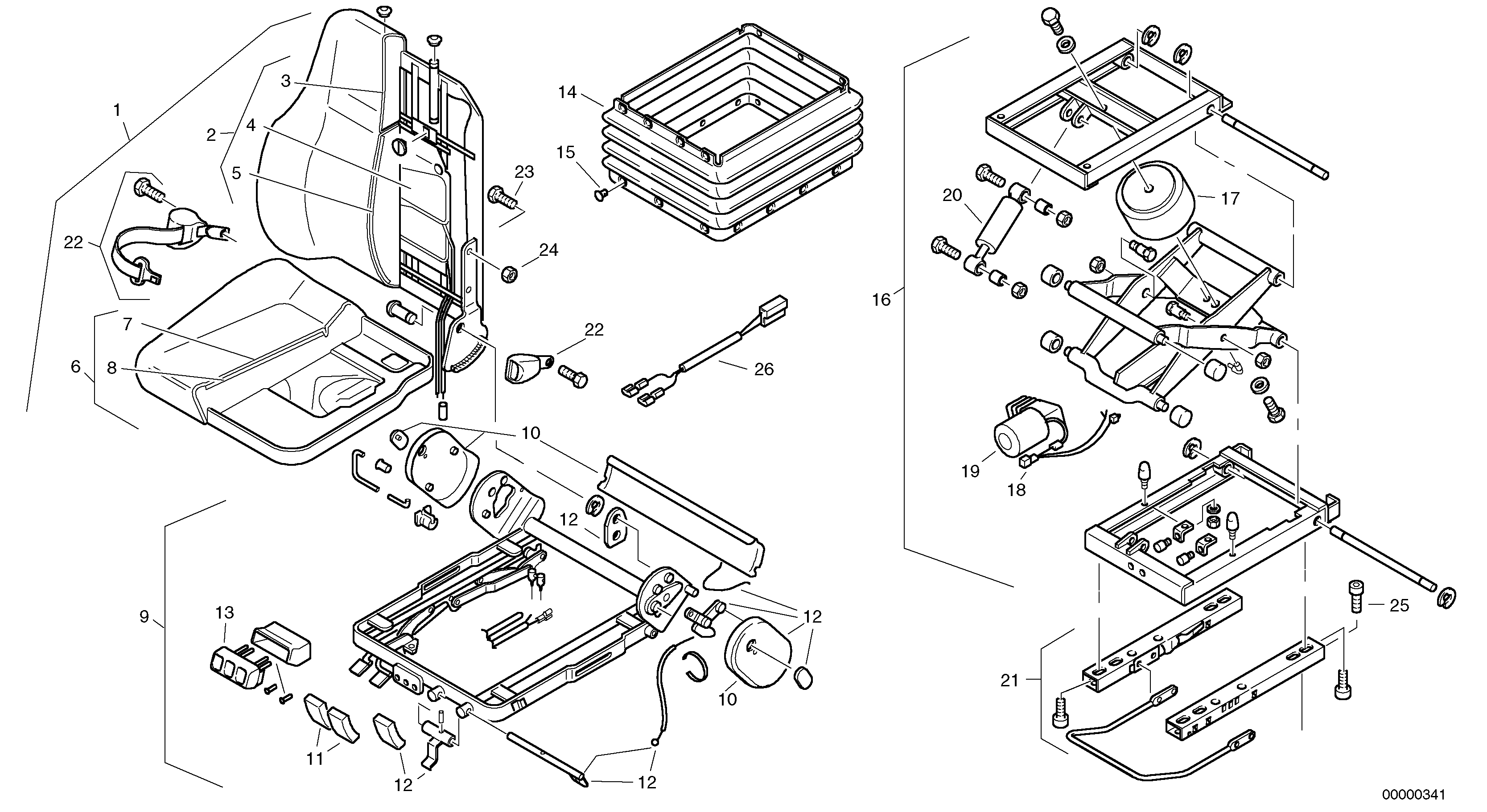 Схема запчастей Volvo L35 TYPE 186, 188, 189 SER NO - 2200 - 106604 Operators seat, air suspensioned with fitting parts 