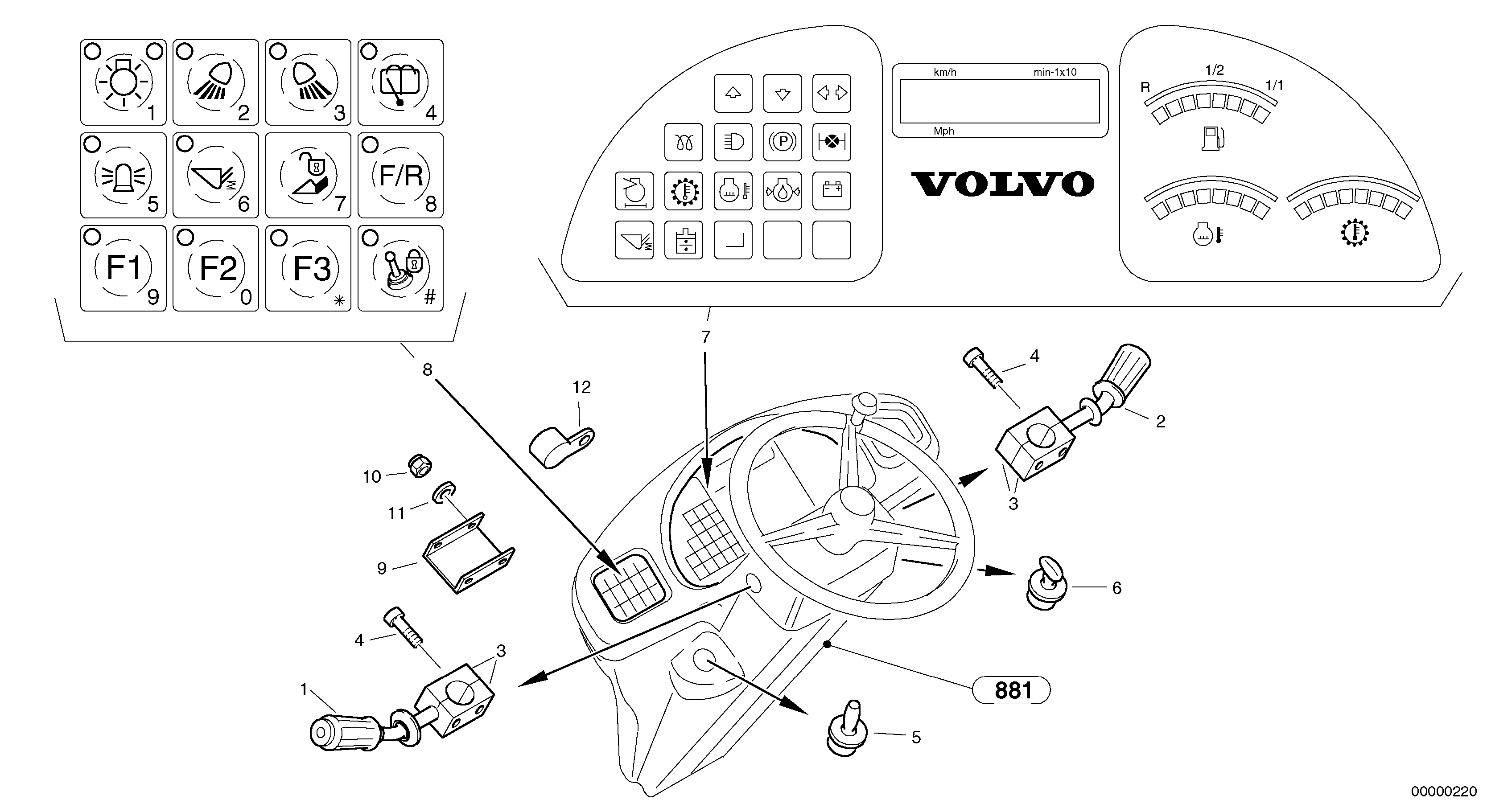 Схема запчастей Volvo L45 TYPE 194, 195 SER NO - 1000 - 9464 Instruments panel 