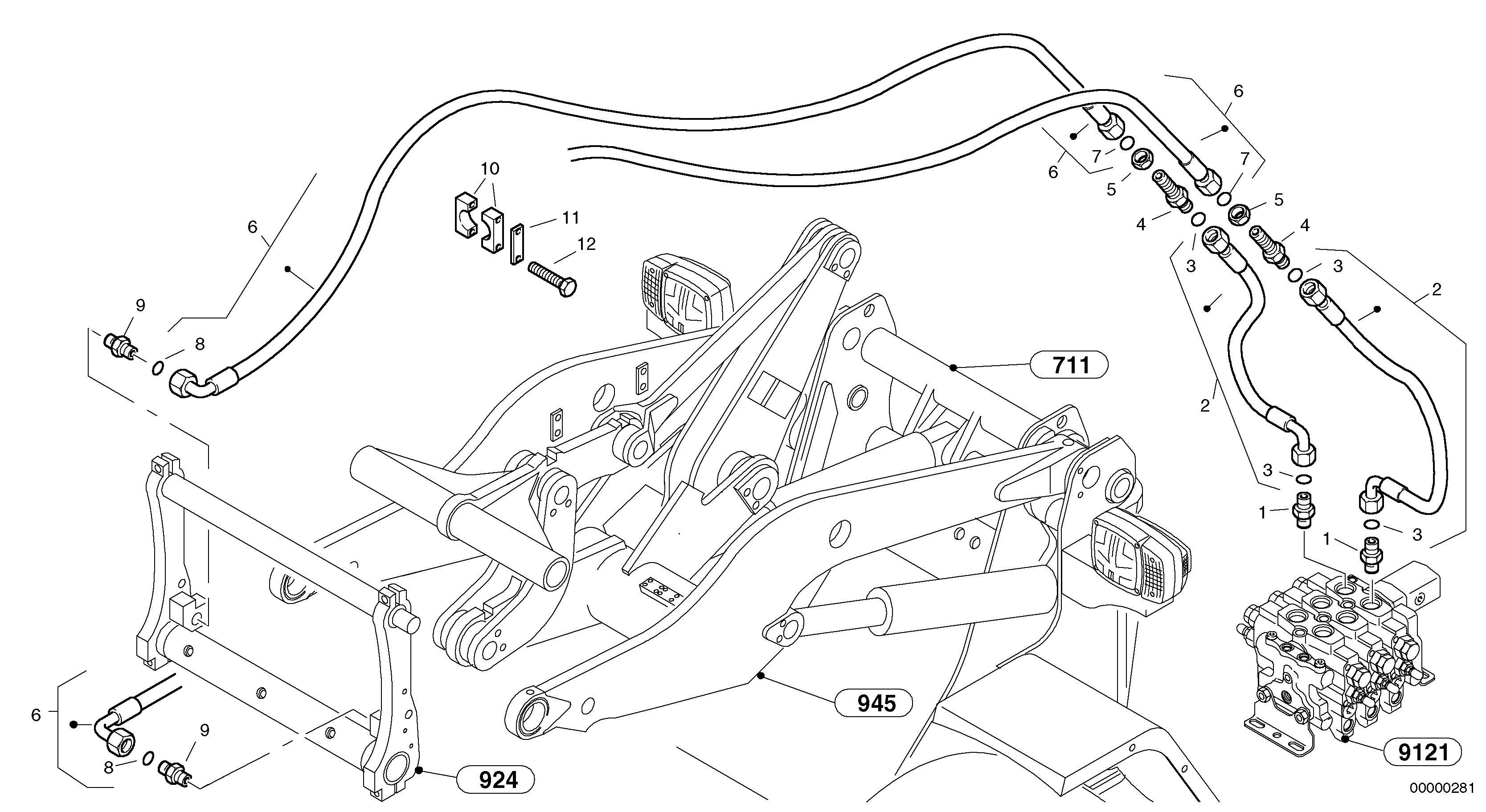 Схема запчастей Volvo L45 TYPE 194, 195 SER NO - 1000 - 19152 Lines to attachment mounting plate - Tpz 