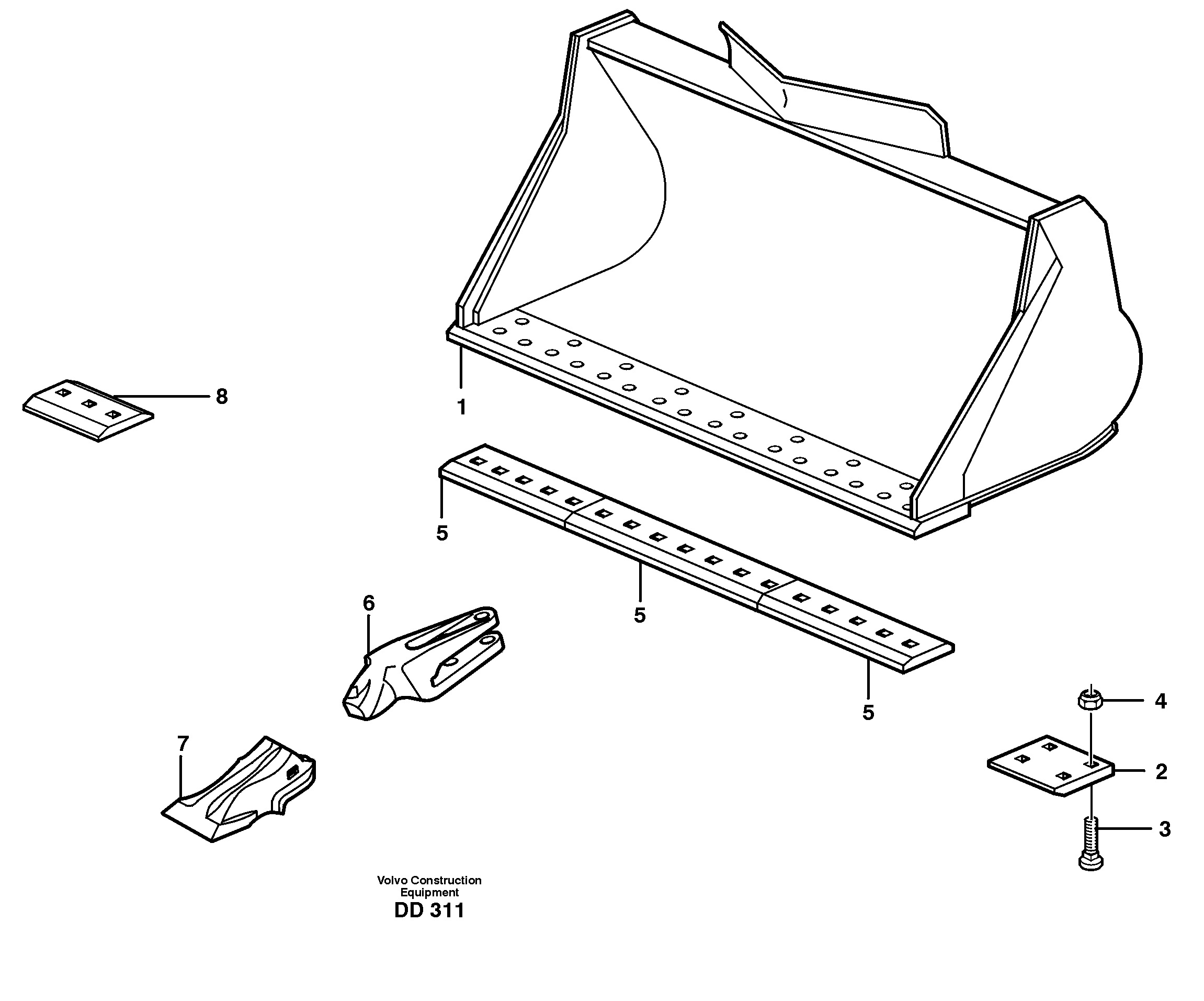 Схема запчастей Volvo L30 - 15633 Bucket, straight lip, alt. edge savers or teeth ATTACHMENTS ATTACHMENTS BUCKETS