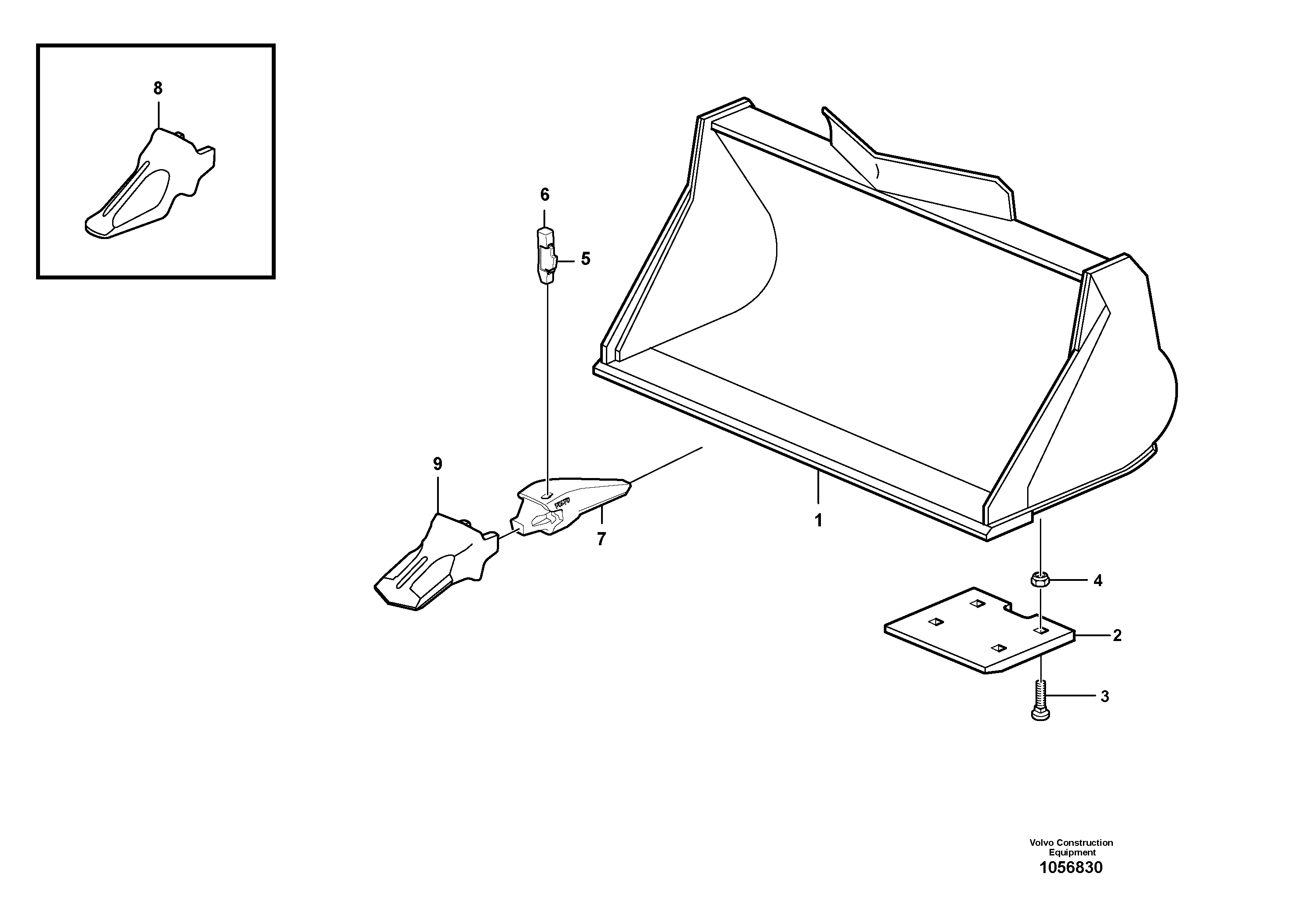 Схема запчастей Volvo L20F - 102642 Bucket, straight lip, alt. edge savers or teeth ATTACHMENTS ATT. COMPACT WHEEL LOADERS GEN. F