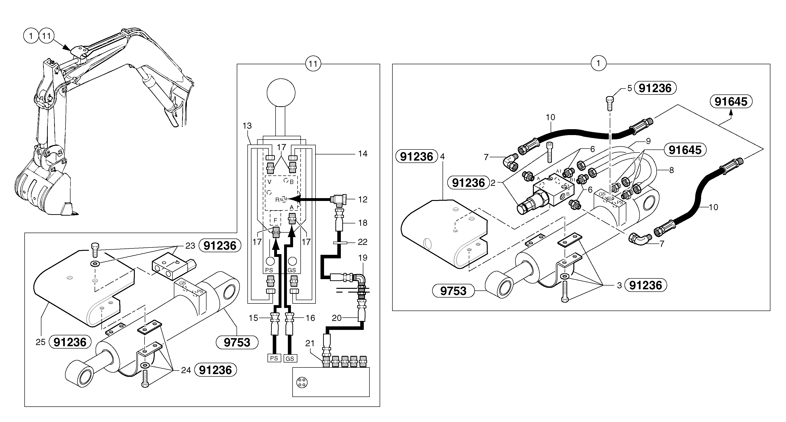 Схема запчастей Volvo EC20 TYPE 263 XT/XTV - 107007 Hydraulic circuit ( safety valve / dipper arm ) 