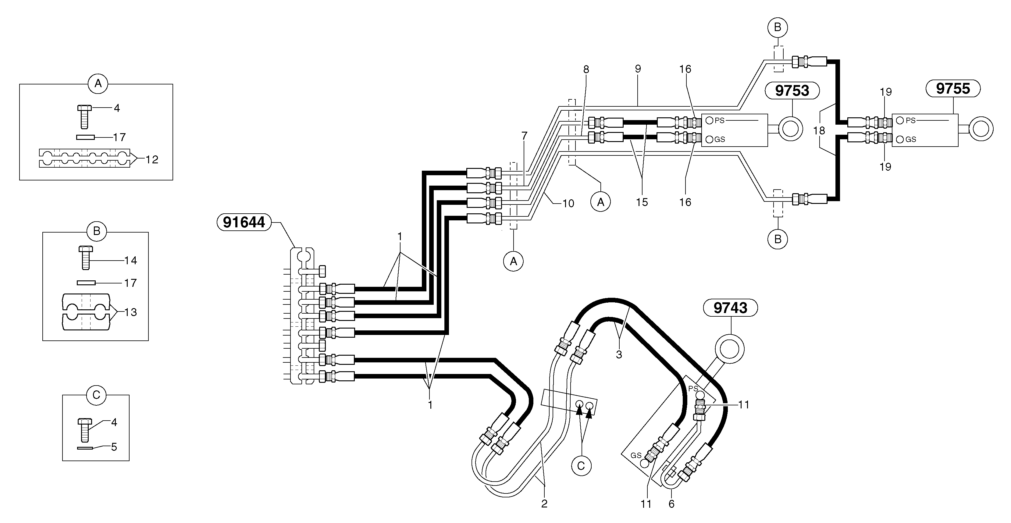 Схема запчастей Volvo EC20 TYPE 263 XT/XTV - 29315 Hydr. circuit.( boom / dipper arm / bucket ) 