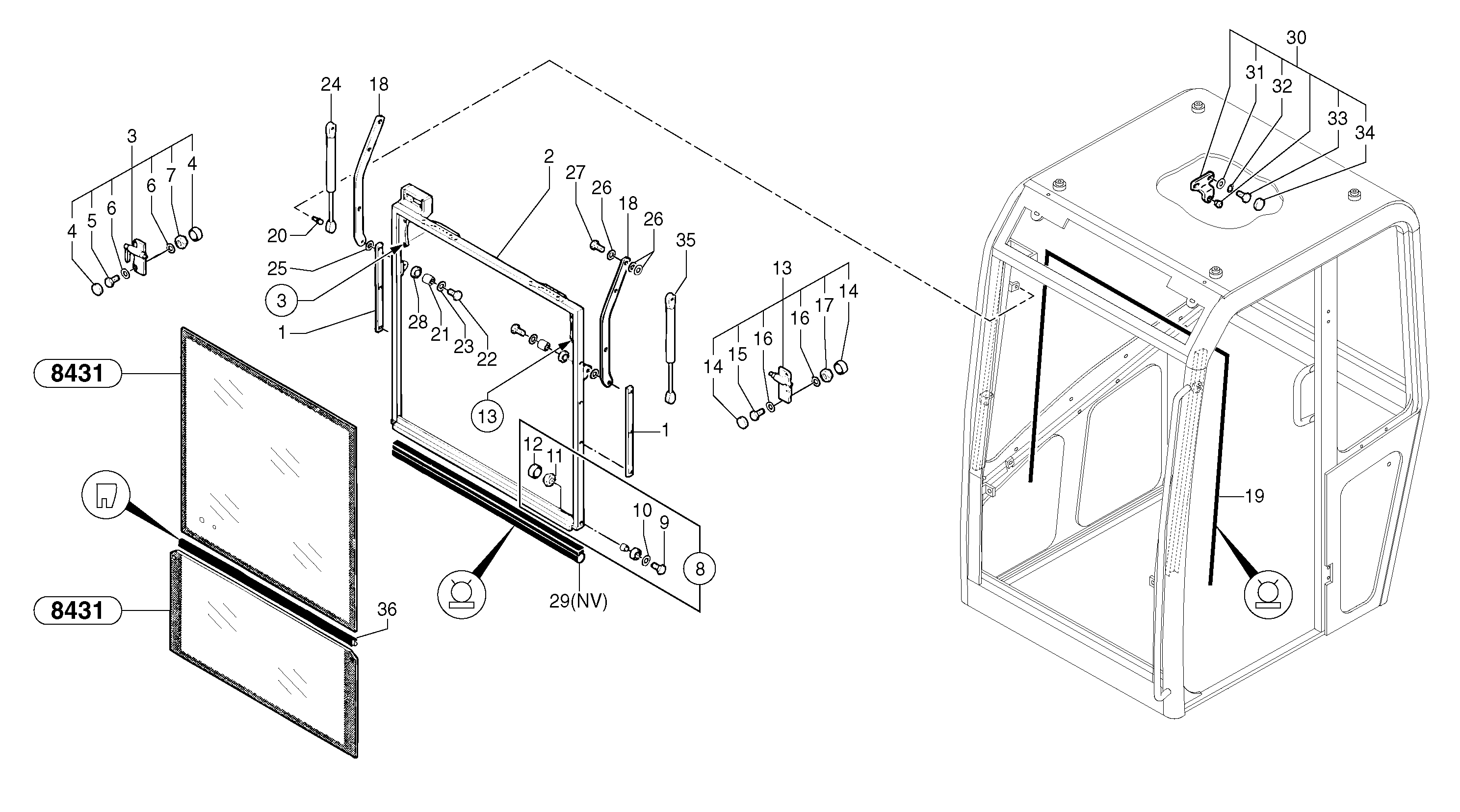 Схема запчастей Volvo EC25 TYPE 281 - 27875 Cab : sliding window ( front ) 