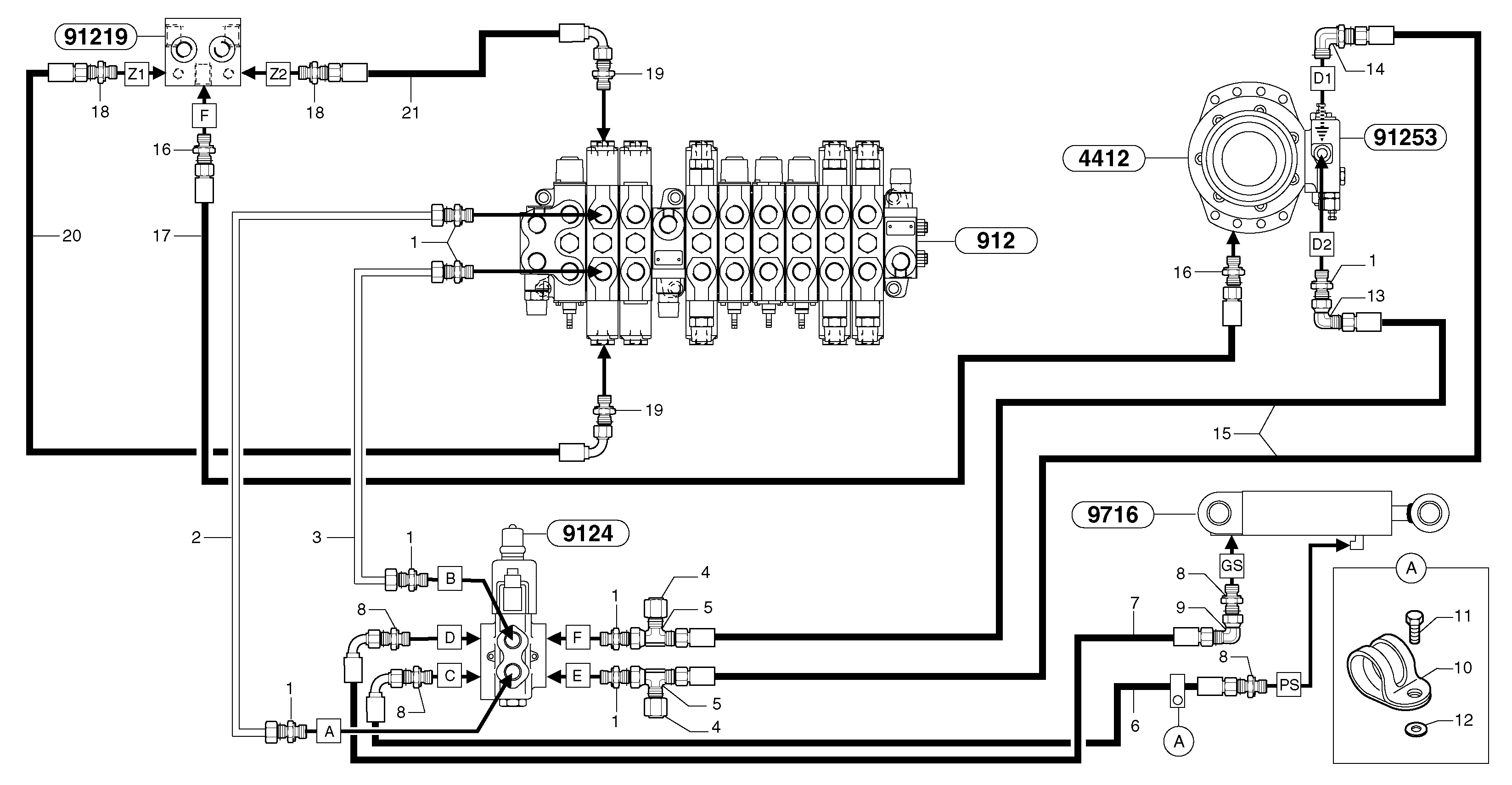 Схема запчастей Volvo EC25 TYPE 281 - 93537 Hydr. circuit. ( boom slewing / offset ) 