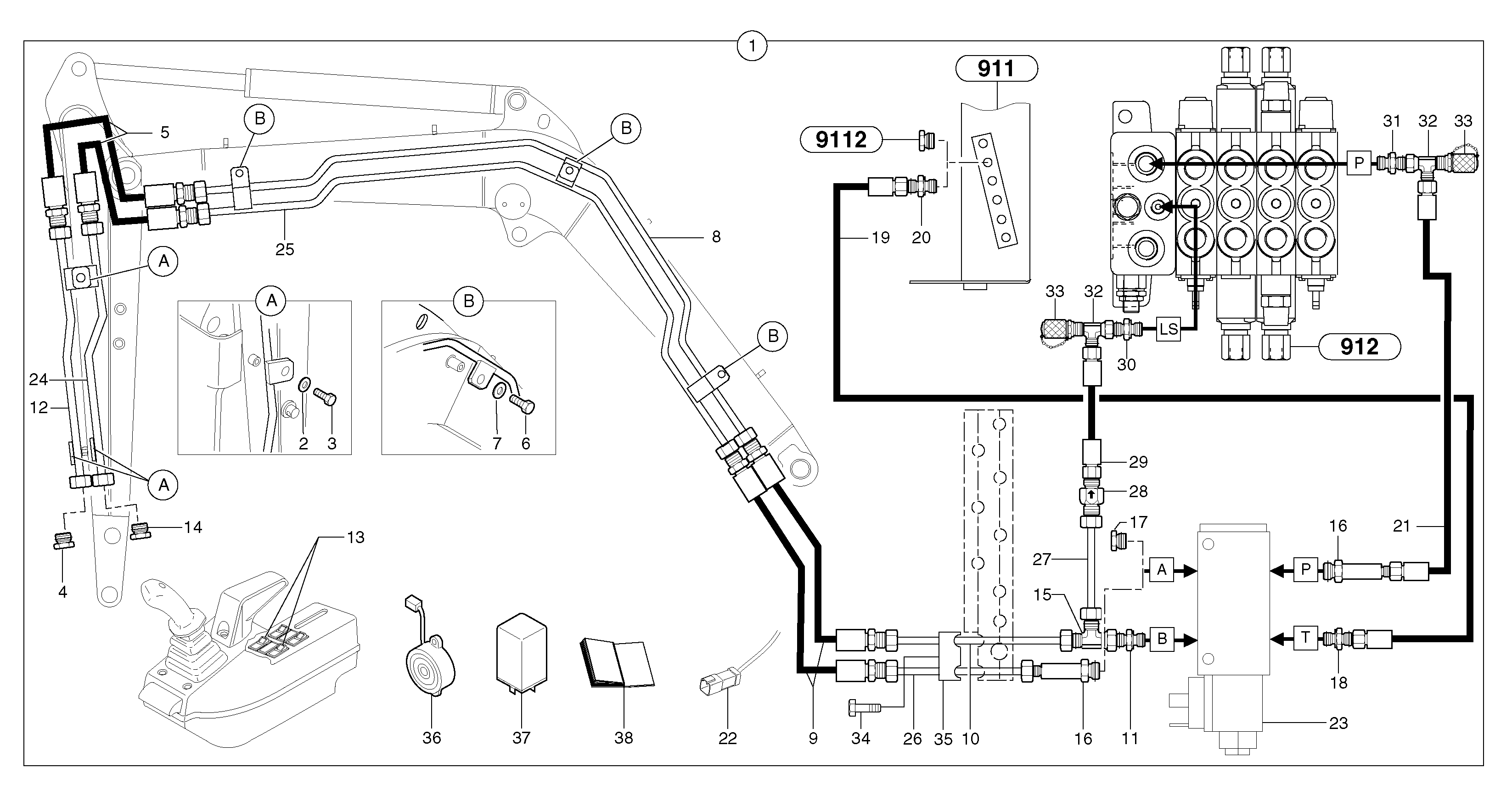 Схема запчастей Volvo EC30 TYPE 282 - 45813 Hyd. circuit (quickfit/double-acting) 