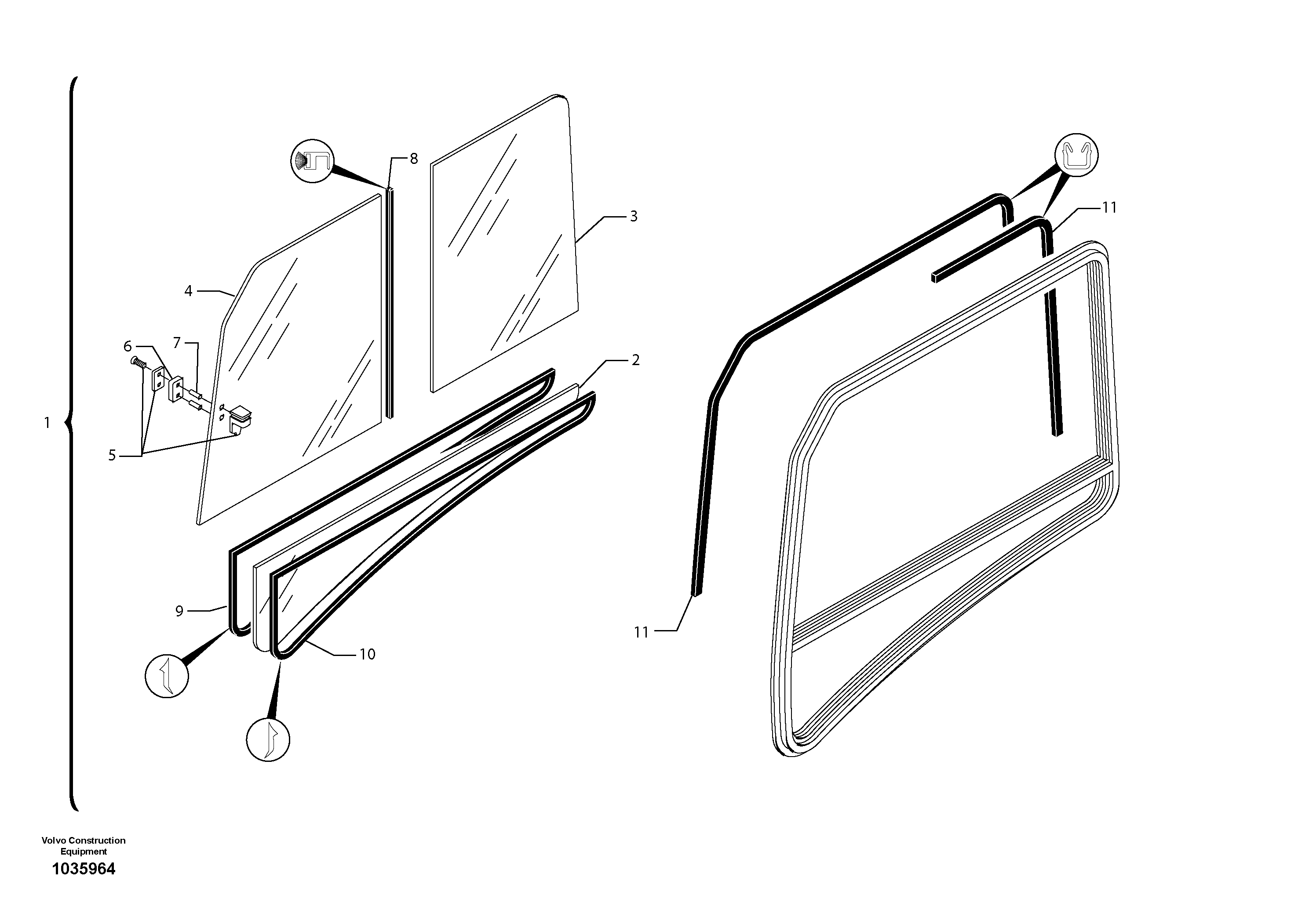 Схема запчастей Volvo EC35 TYPE 283 - 2457 Cab : sliding window ( right ) 