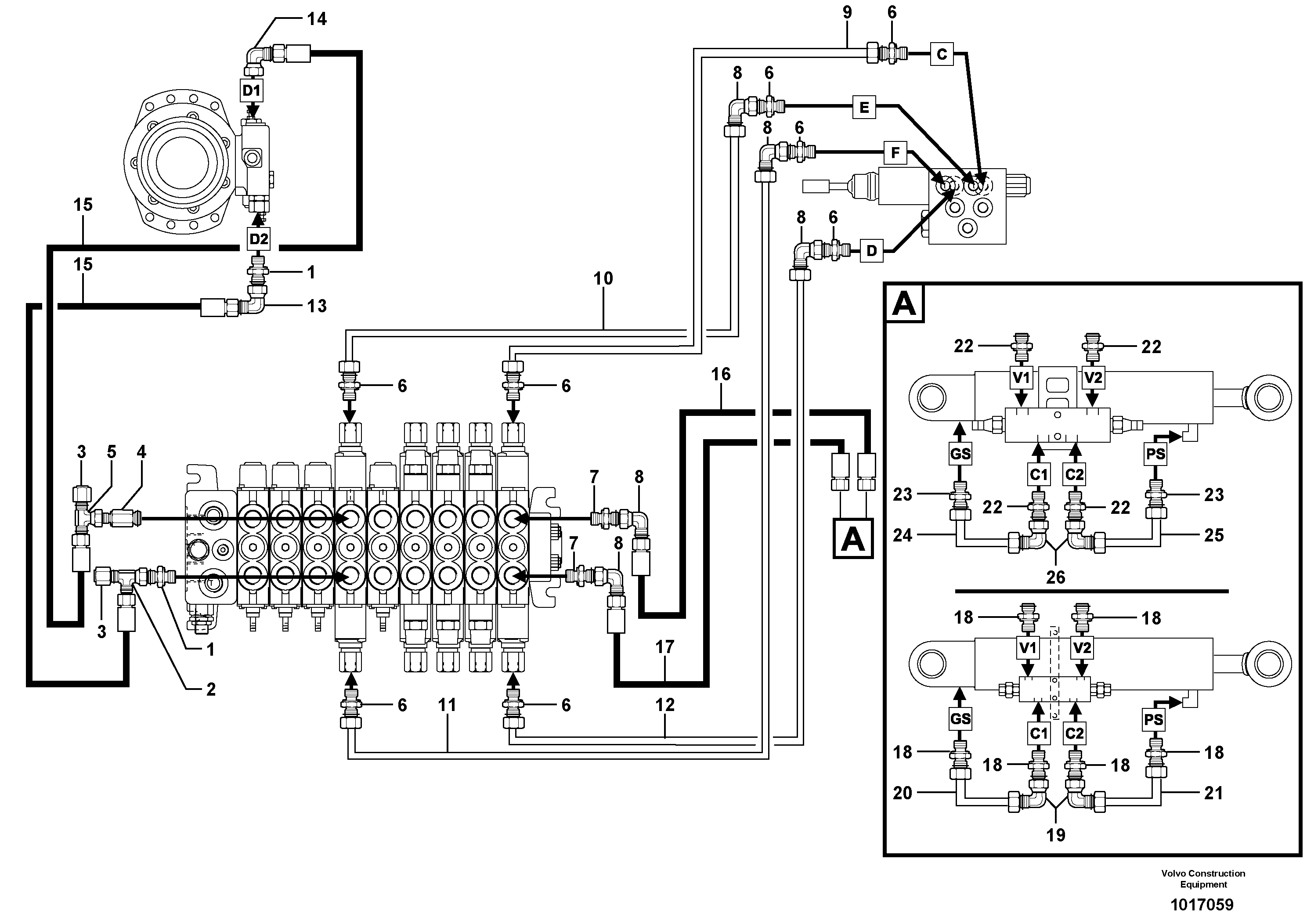 Схема запчастей Volvo EC35 TYPE 283 - 19653 Hydr. circuit. ( boom slewing / offset ) 